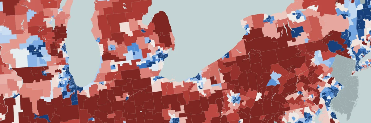 State house districts across Michigan, Ohio and Pennsylvania colored by 2026 forecast margin